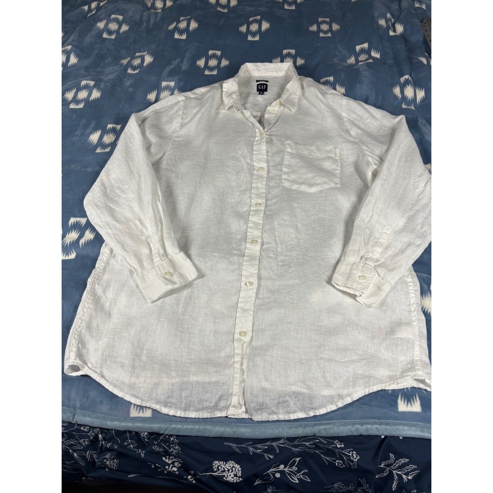 GAP Womens XL Tall White 100% Linen Boyfriend Button Down Shirt Long Sleeve
